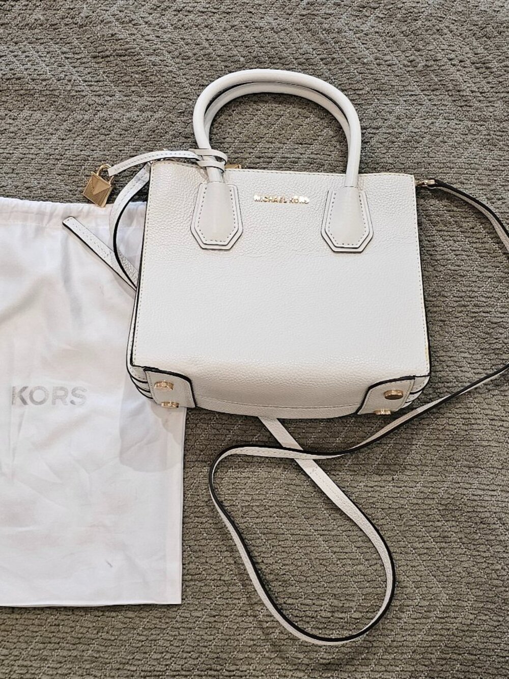 Michael Kors White Pebbled Leather Mercer Satchel Crossbody Bag w/ Dust Bag
